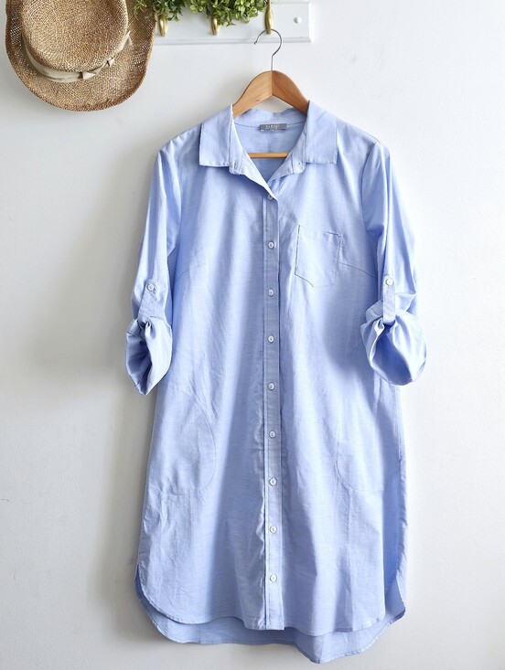 Habitat Dresses & Skirts - Habitat Shirt Dress Womens M Blue Cotton Stretch Roll Tab Sleeve Midi Pockets